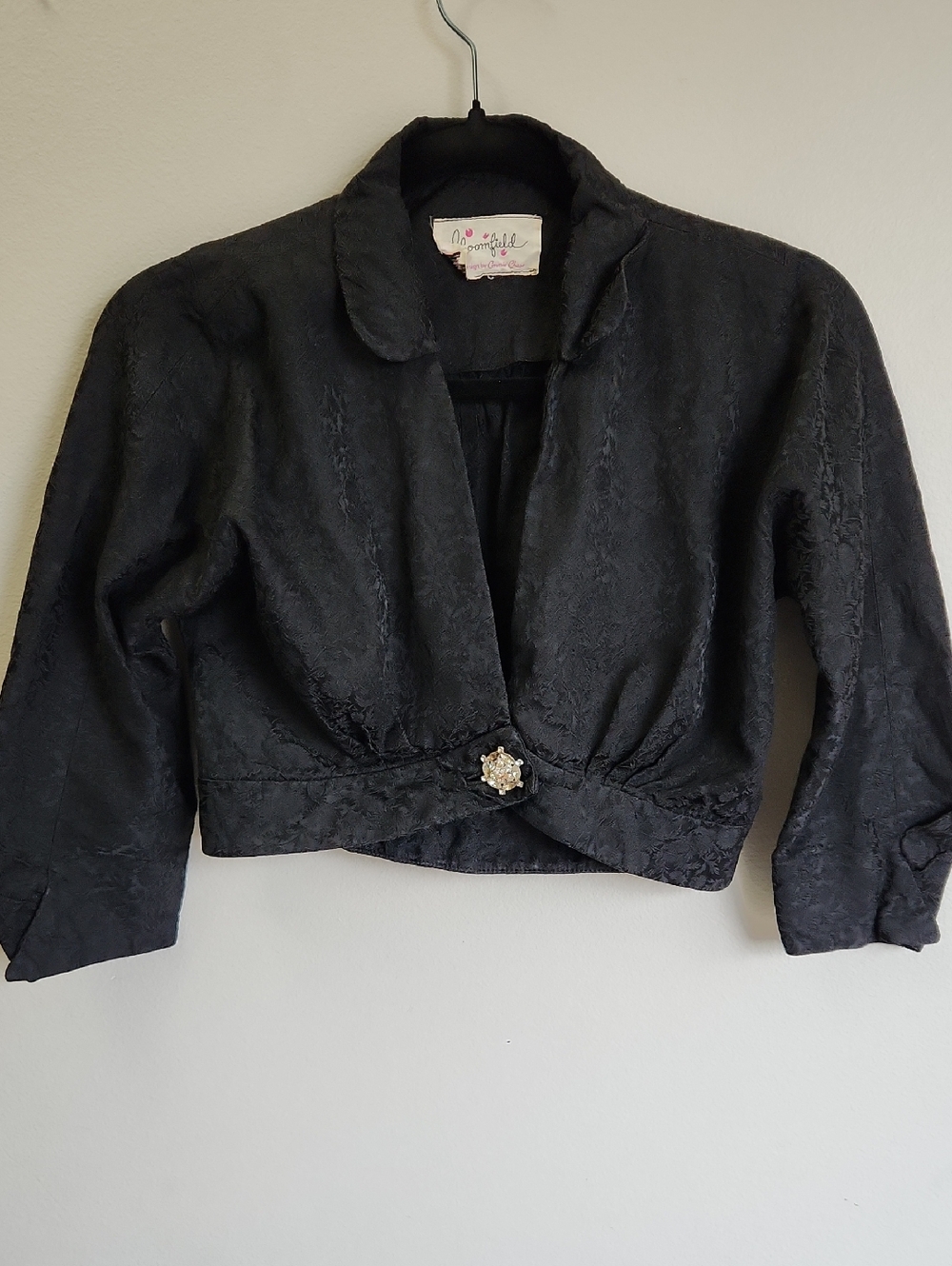 Girls' Black Cropped Fancy Jacket with Decorative Brooch